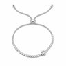 Tolxt Bracelet adjustable silver box chain bracelet with crystal accents and bezel-set center stone on white background.
