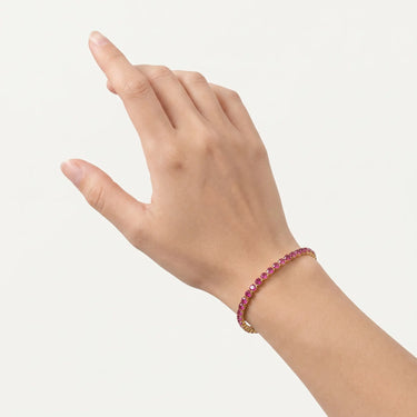 Model wearing the Venus Tennis Bracelet layered for an everyday luxury look.