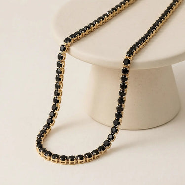 Black crystal Venus Tennis Necklace laid showing the full chain.