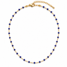 Zaro Necklace blue beaded necklace with gold-tone accents and adjustable chain on white background.
