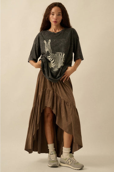 Zebra Tee by Matte – oversized black t-shirt with zebra graphic styled with high-low skirt and sneakers