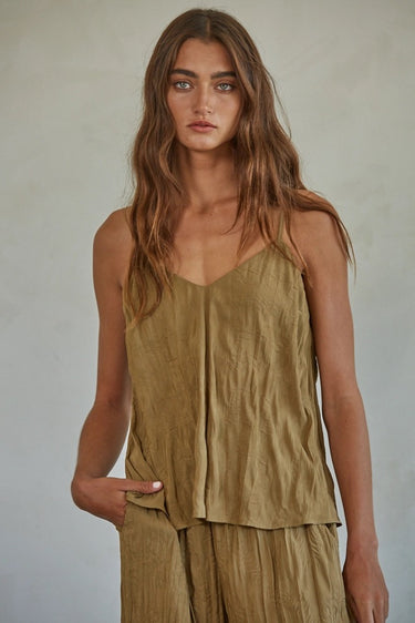 Zia Top olive green lightweight cami featuring a flowing relaxed silhouette.
