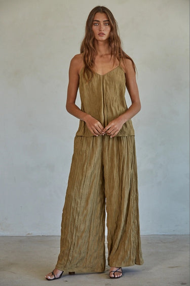 Zia Top full-length view showing fluid fit and delicate olive green cami.